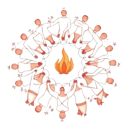 Illustrated circle of figures gathered around a central flame