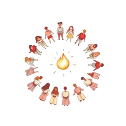 Illustrated circle of figures gathered around a central flame