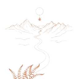 Illustrated winding path through mountains toward moon and star