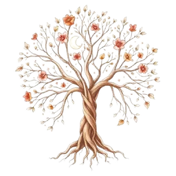 Illustrated tree with blooming flowers, moon, and roots