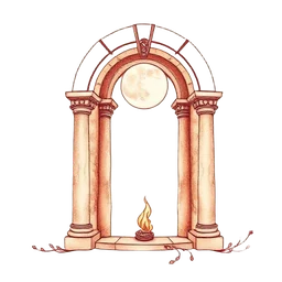Illustrated stone archway with moon and sacred flame